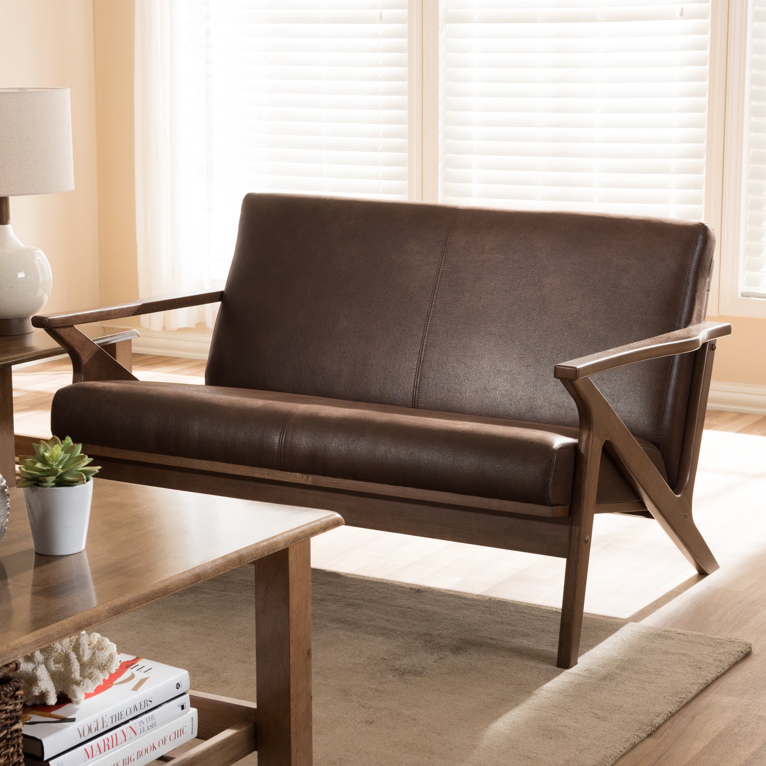 Bianca Loveseat Mid-Century Modern Walnut Wood Dark Brown Distressed Faux Leather 2-Seater