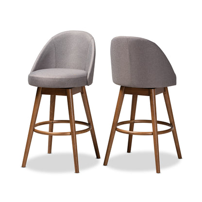 Carra Bar Stool Set Mid-Century Modern Light Beige Fabric Upholstered Walnut-Finished Wood 2-Piece