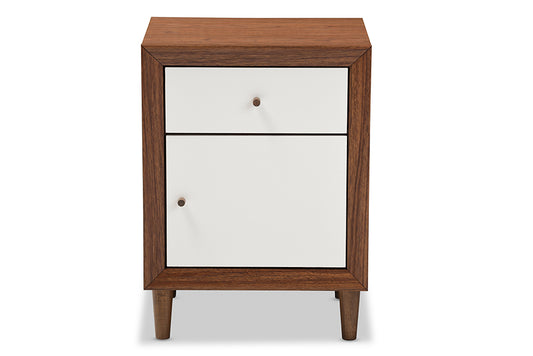 Harlow Nightstand Mid-century Modern Scandinavian Style White and Walnut Wood with 1 Drawer and 1 Door for Stylish Bedroom Storage