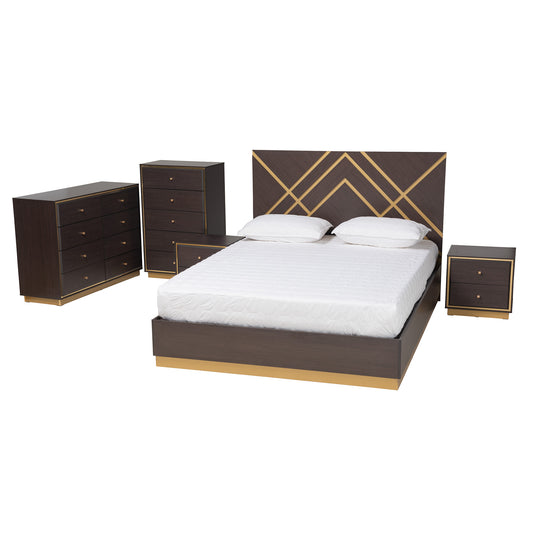 Arcelia Queen Size Bedroom Set Contemporary Glam Luxe 5-Piece Collection in Two-Tone Dark Brown and Gold Finished Wood