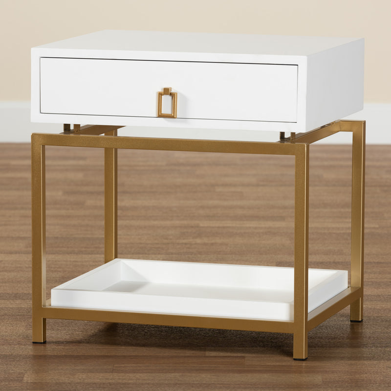 Melosa End Table Modern Glam and Luxe White Finished Wood and Gold Metal 1-Drawer