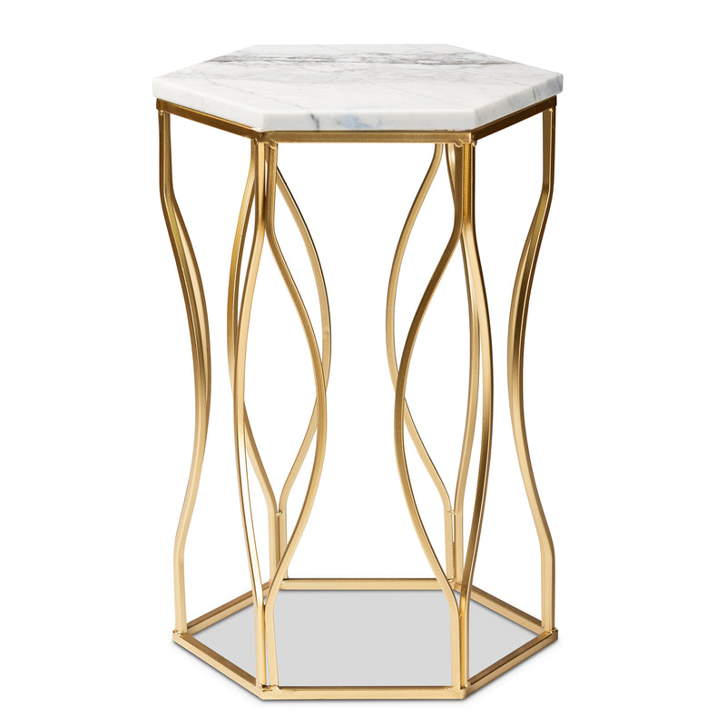 Kalena Modern Gold Metal End Table with Marble Top Contemporary Accent Furniture for Living Room or Bedroom