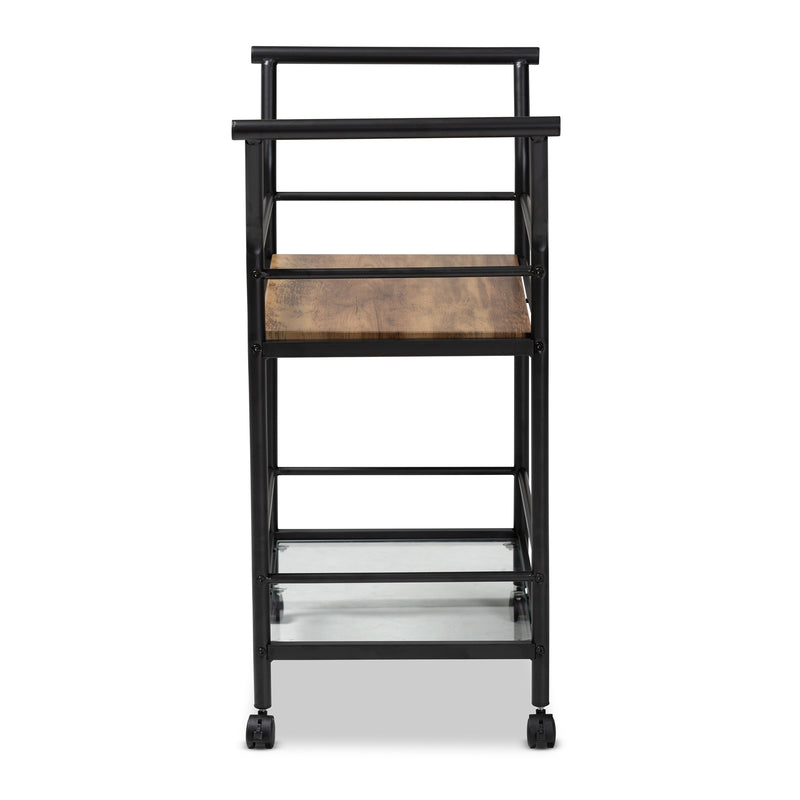 Valora Mobile Wine Cart - Industrial Rustic Walnut Wood and Black Metal 2-Tier Design for Stylish Storage and Serving