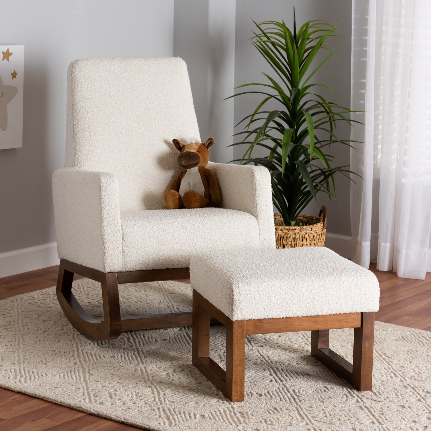 Yashiya Rocking Chair and Ottoman Set Mid-Century Modern Off-White Boucle Upholstered Walnut Brown Finished Wood 2-Piece