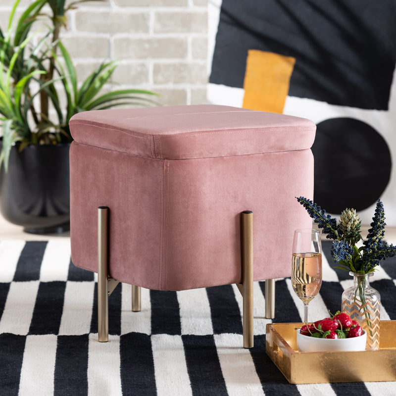 Aleron Ottoman Contemporary Glam Luxe Pink Velvet Fabric Upholstered Gold Finished Metal Storage