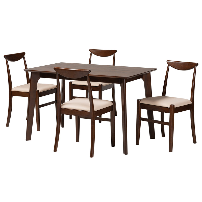 Delphina Dining Set Mid-Century Modern 5-Piece Cream Fabric and Dark Brown Wood Furniture for Stylish Dining Rooms