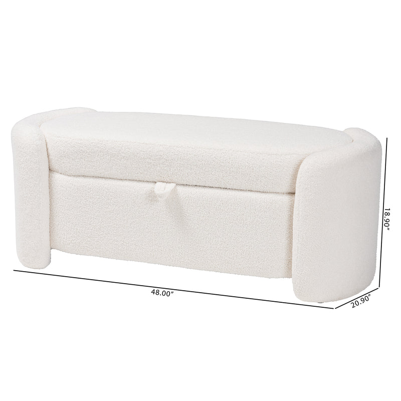 Oakes Modern Storage Bench in Ivory Boucle Upholstery with Stylish Design and Functional Storage