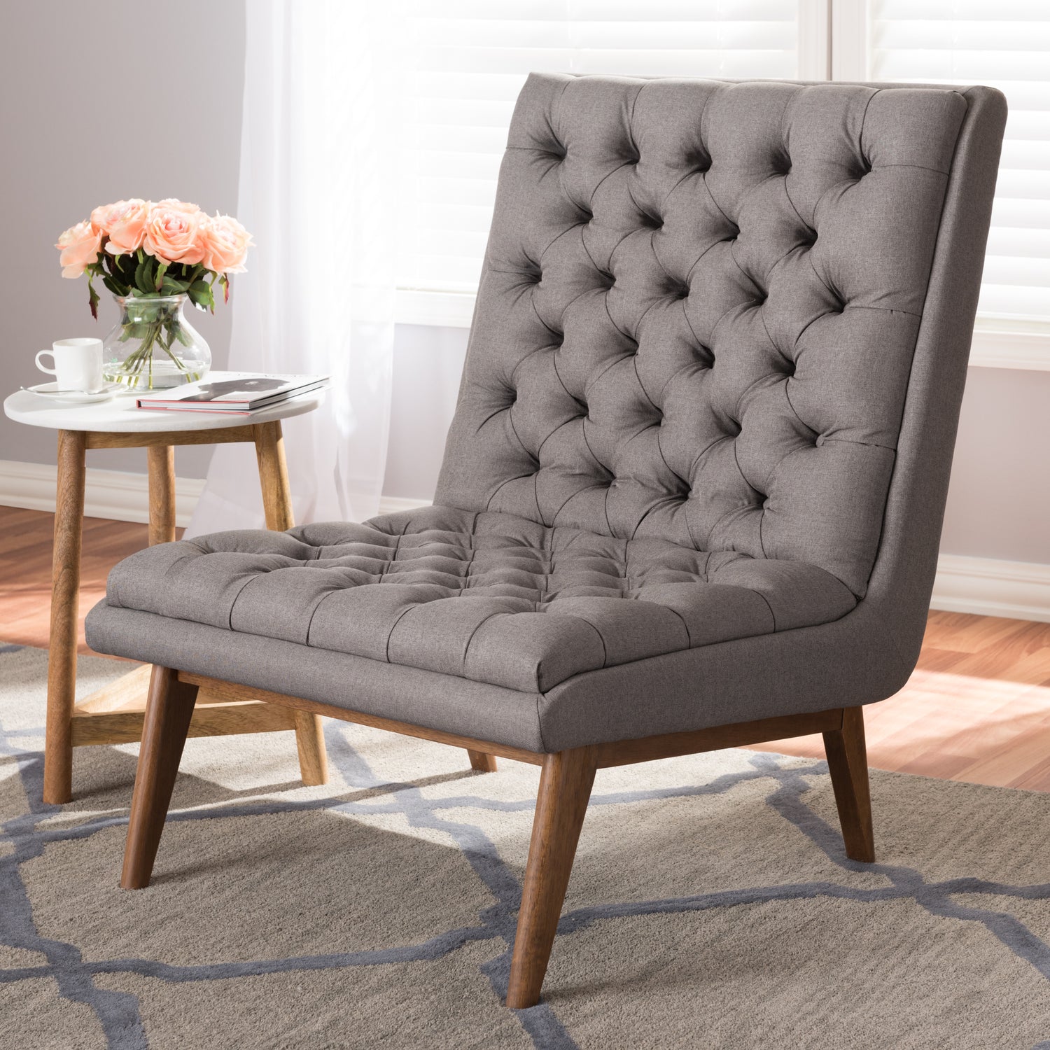 Annetha Lounge Chair Mid-Century Modern Grey Fabric Upholstered with Walnut Frame Stylish Accent Chair for Living Room or Office