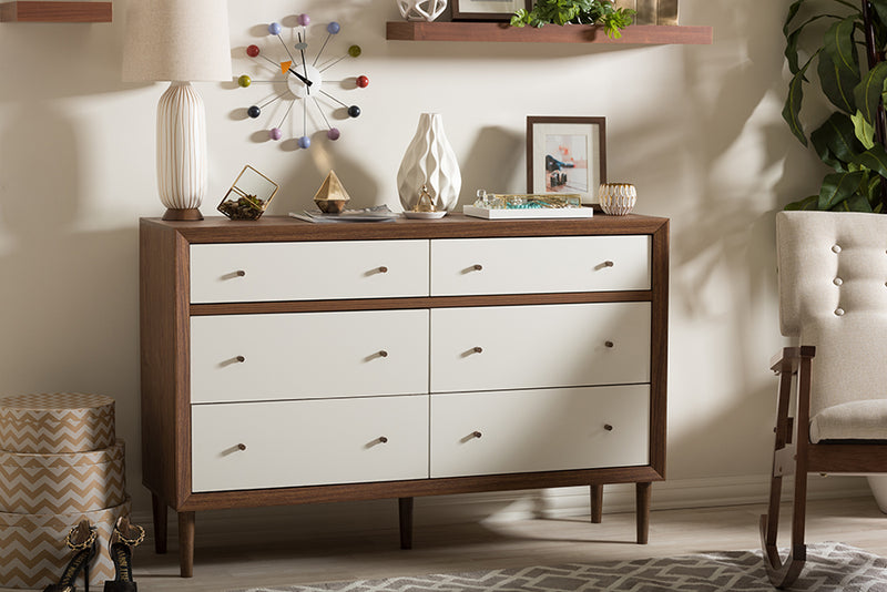 Harlow 6-Drawer Storage Dresser in Mid-Century Modern Style with White and Walnut Finish