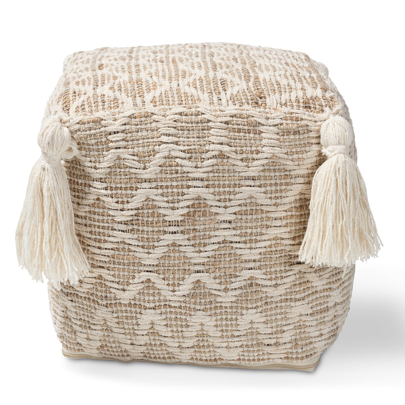 Noland Pouf Ottoman Moroccan Inspired Handwoven Cotton and Hemp Natural Ivory