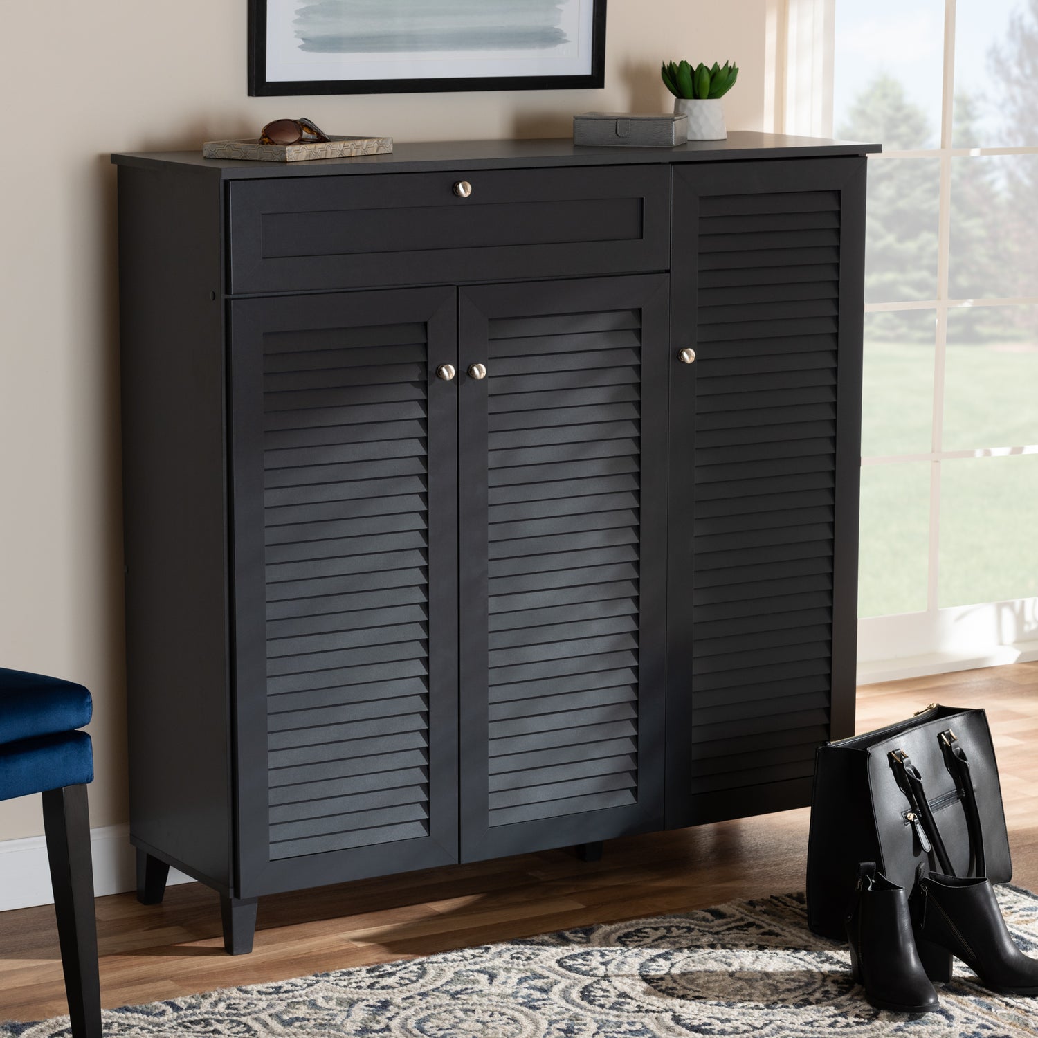 Coolidge Shoe Storage Cabinet Modern and Contemporary Dark Grey Finished 11-Shelf Wood with Drawer