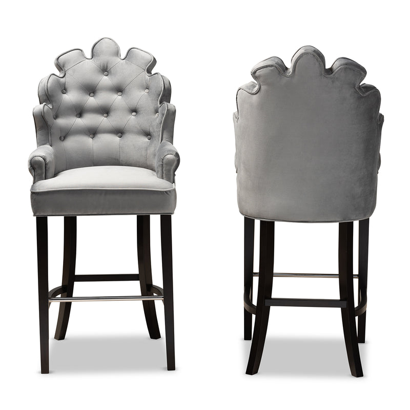 Chloe Bar Stool Set Modern and Contemporary Dark Grey Velvet Upholstered and Dark Brown Finished Wood 2-Piece