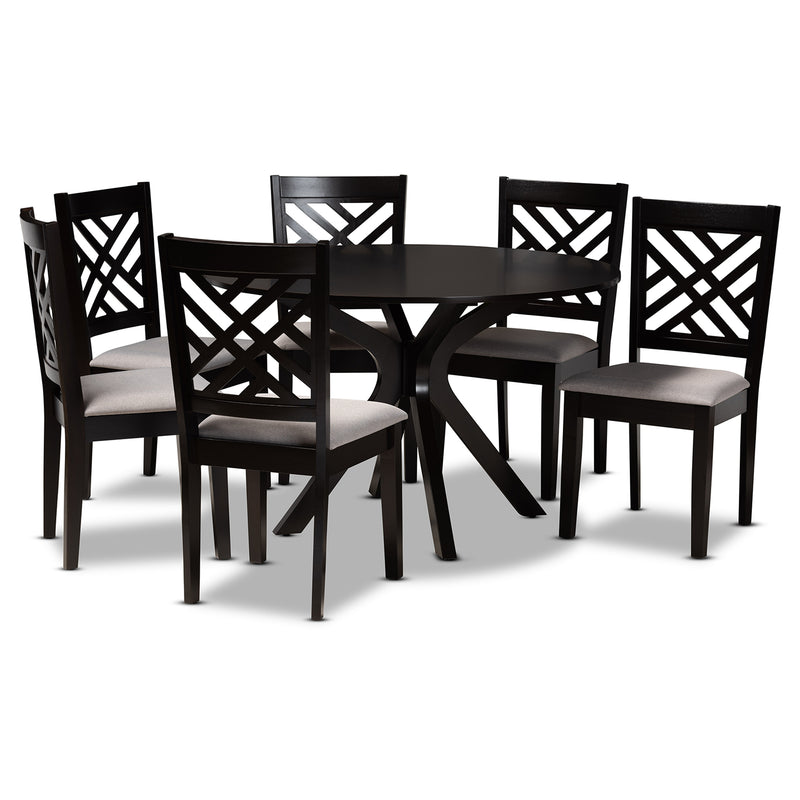 Norah Dining Set Modern Contemporary Grey Fabric Upholstered Dark Brown Finished Wood 7-Piece