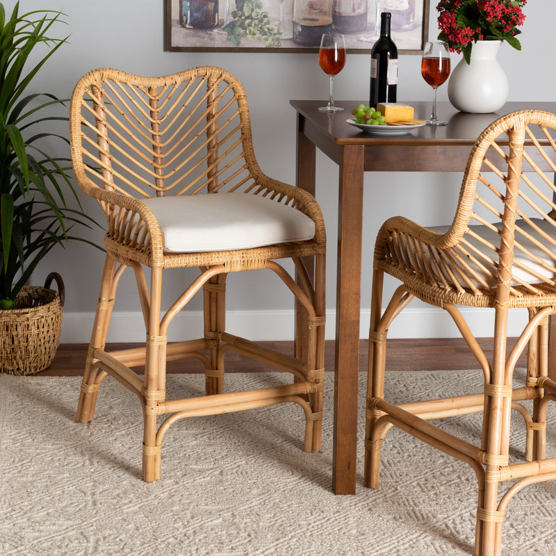 Arween Modern Bohemian Rattan Counter Stool in Natural Brown - Stylish Seating for Kitchens, Bars, and Dining Spaces