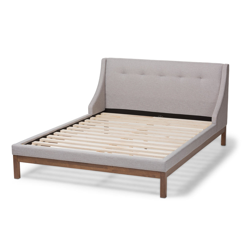 Louvain Platform Bed - Modern and Contemporary Greyish Beige Fabric Upholstered with Walnut Finish