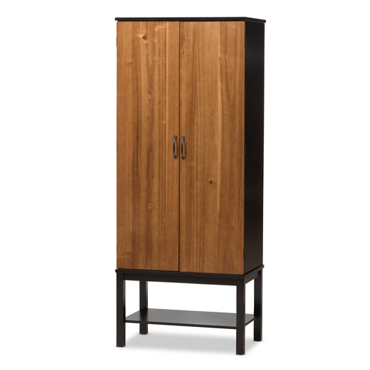 Marya Wine Cabinet Mid-Century Modern Dark Brown and Walnut Two-Tone Solid Rubberwood Storage for Wine Bottles and Glasses