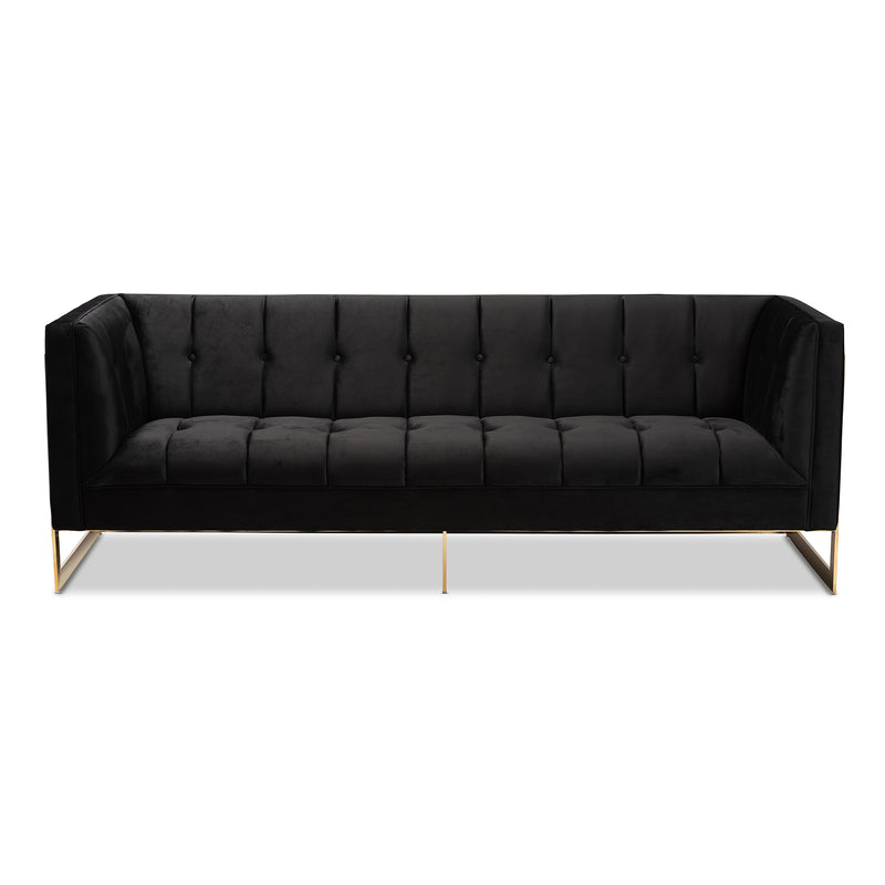 Ambra Glam Sofa Luxe Black Velvet Upholstered Button Tufted with Gold-Tone Frame