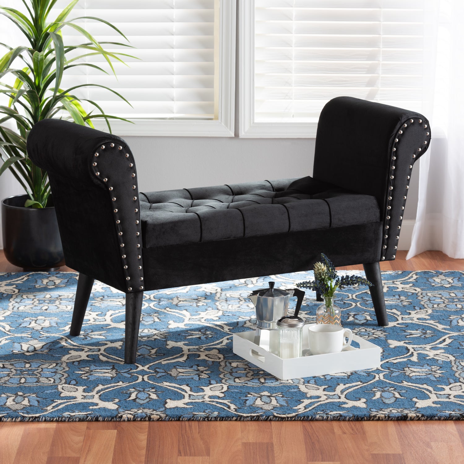 Hanayo Bench - Contemporary Glam Black Velvet Upholstered Seating with Black Wood Frame