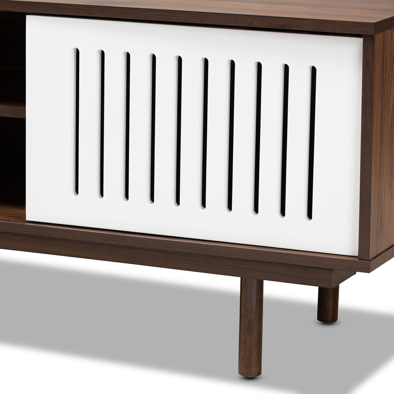 Meike Mid-Century Modern TV Stand Two-Tone Walnut Brown and White, Stylish Entertainment Center for Living Room and Media Storage