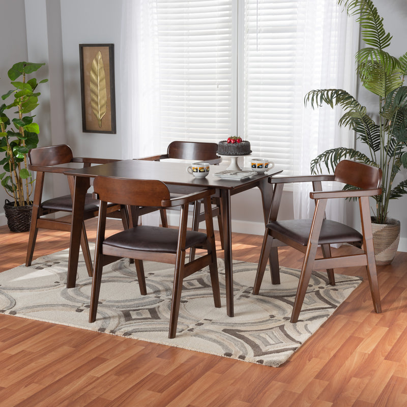 Cleo Dining Set Mid-Century Modern Light Brown Fabric and Dark Brown Finished Wood 5-Piece