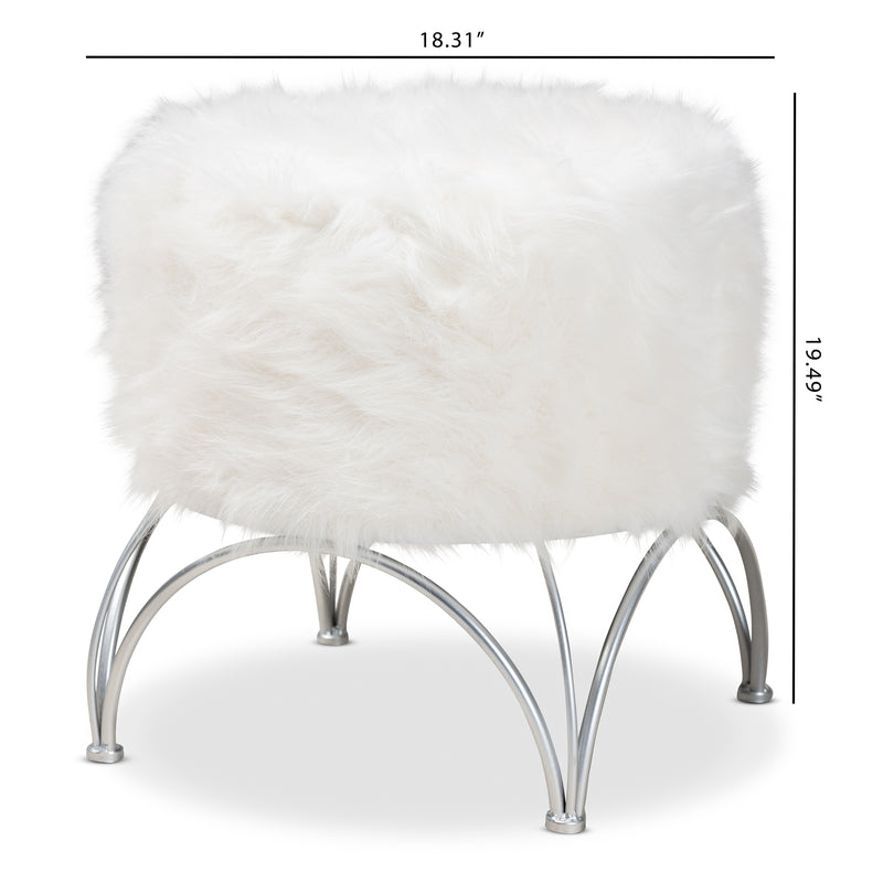 Celia Ottoman - Modern White Faux Fur Upholstered Accent with Silver Metal Base, Stylish Furniture for Living Room or Bedroom