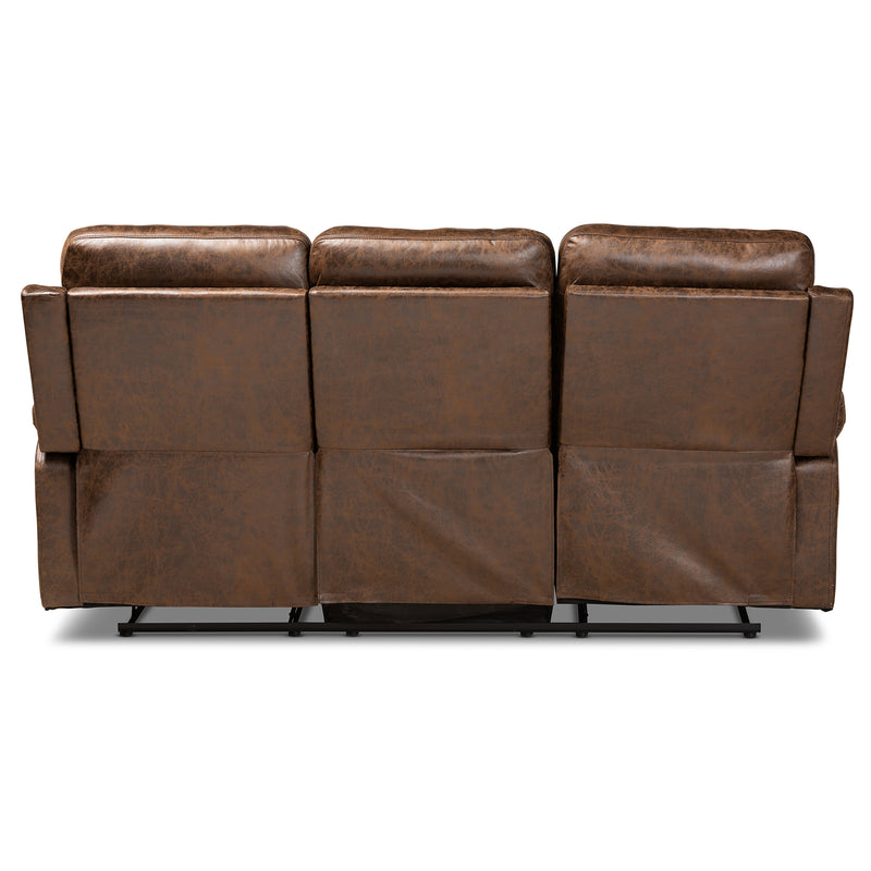 Beasley Reclining Sofa - Modern 3-Seater in Distressed Brown Faux Leather for Stylish Comfort and Relaxation