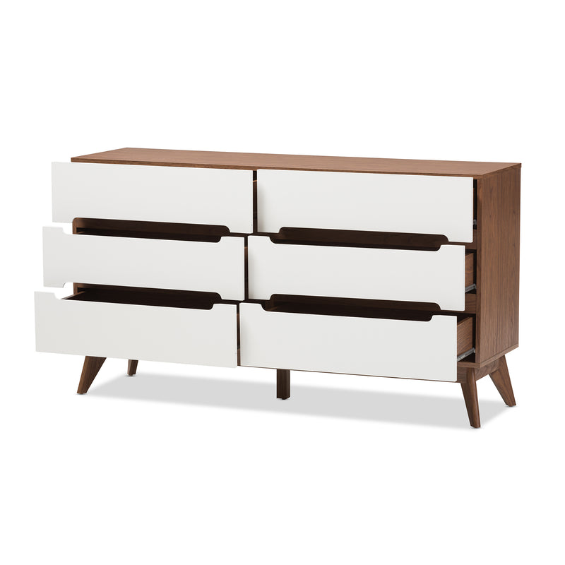 Calypso Mid-Century Modern 6-Drawer Storage Dresser in White and Walnut for Stylish Bedroom Organization