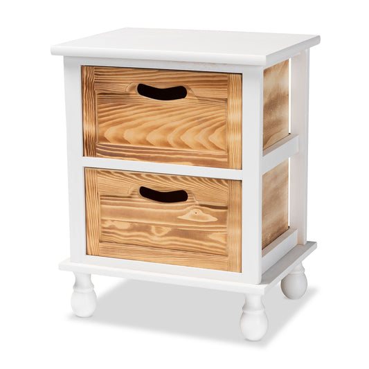 Suvan End Table Modern Two-Tone Design in White and Oak Brown Finish with 2 Drawers for Stylish Storage