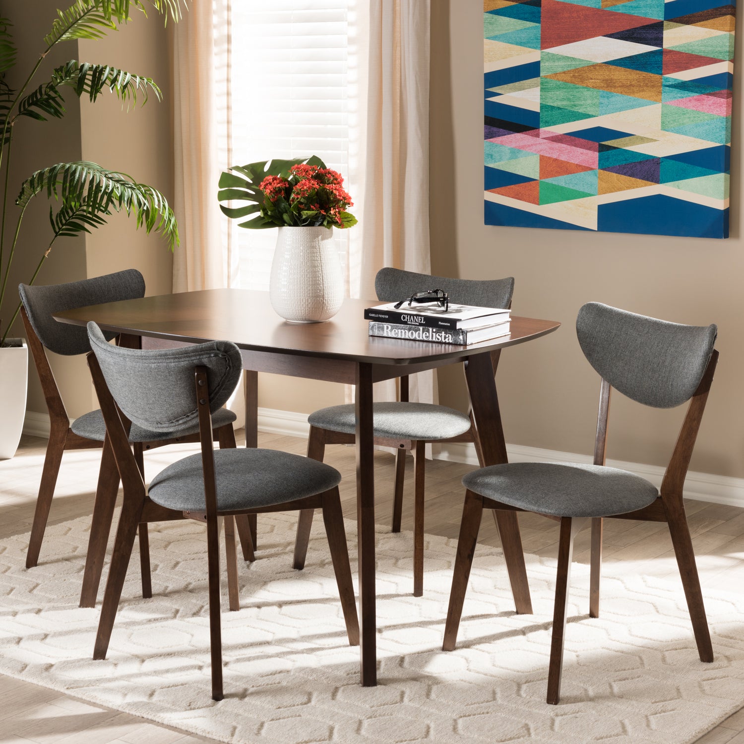 Hadrea 5-Piece Mid-Century Modern Dining Set with Walnut Finish and Dark Grey Fabric Upholstery