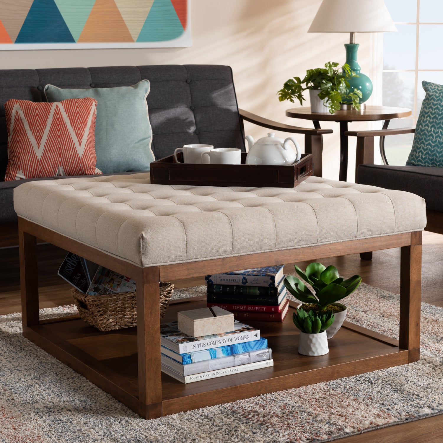 Alvere Ottoman Modern Contemporary Beige Fabric Upholstered Walnut Finished