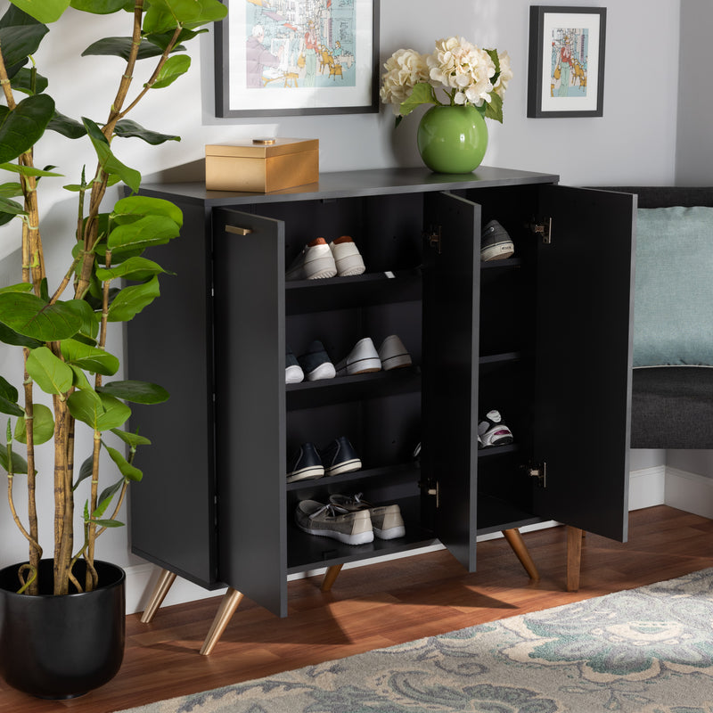 Kelson Shoe Cabinet Modern Dark Grey Wood with Gold Finish 3-Door Storage Solution for Organized Footwear