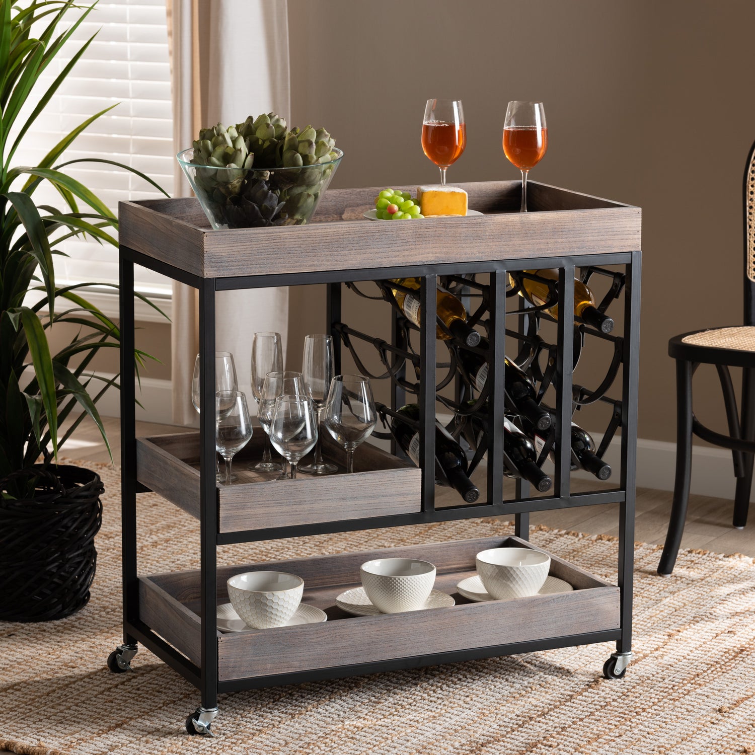 Laine Wine Cart - Modern Industrial Design with Charcoal Wood and Black Metal Accents