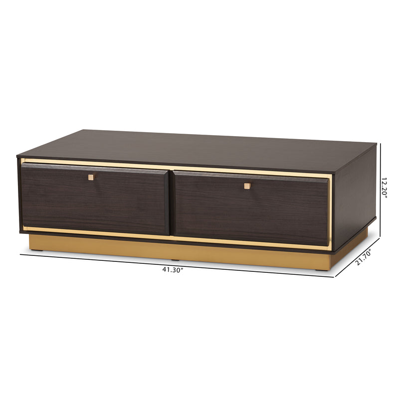 Cormac Coffee Table Mid-Century Modern Transitional Dark Brown Finished Wood and Gold Metal 2-Drawer