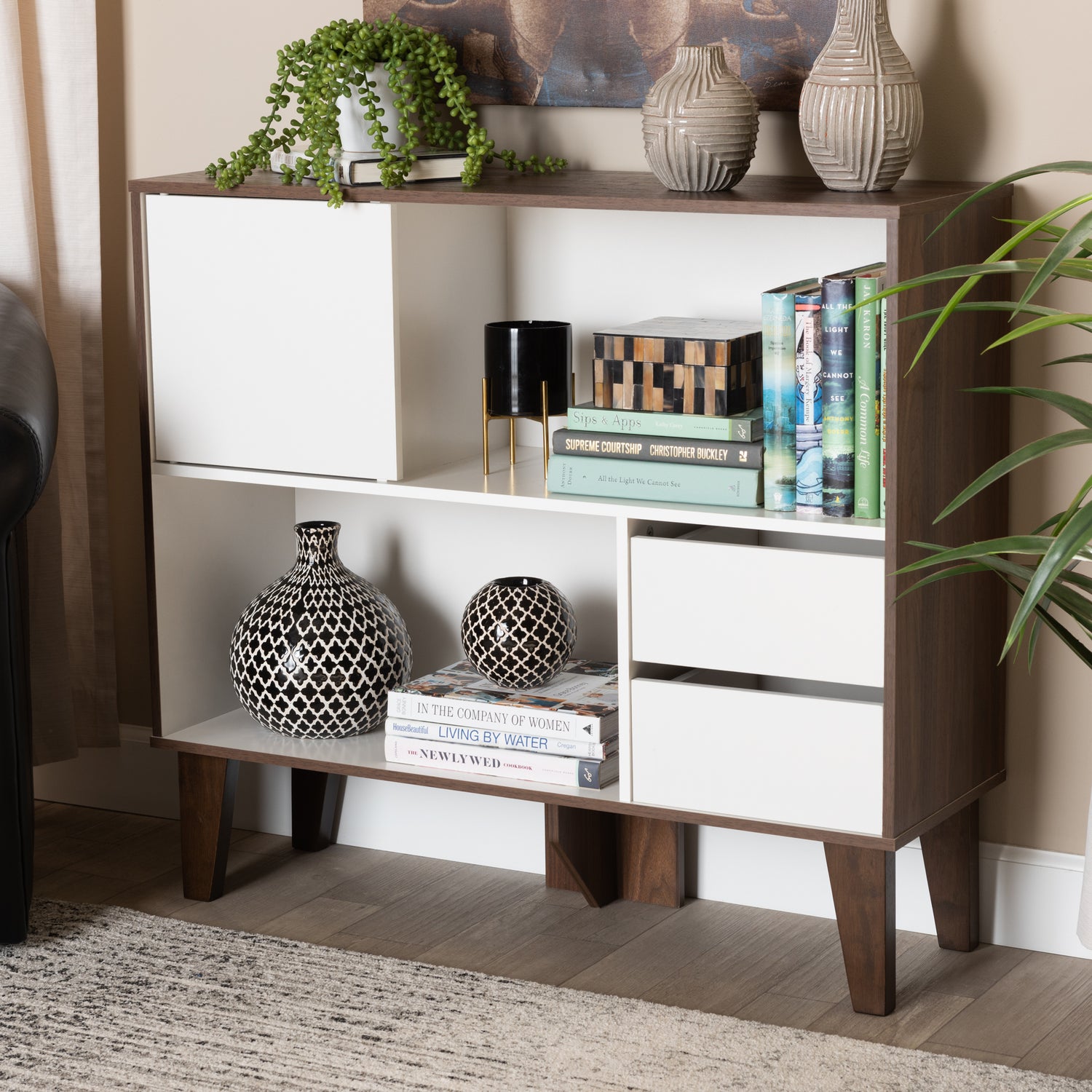 Senja Bookcase Modern Two-Tone Design in White and Walnut Brown with 2 Shelves for Stylish Storage and Display