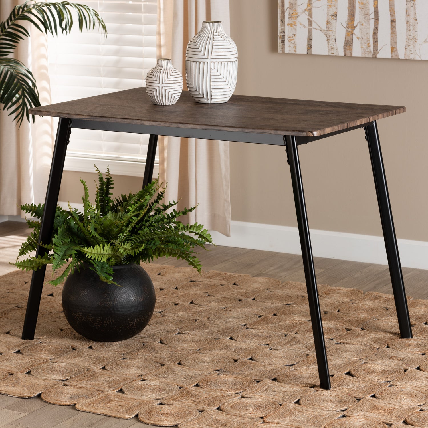 Calder Dining Table Mid-Century Modern Walnut Brown Wood with Black Metal Accents for Stylish Dining Spaces