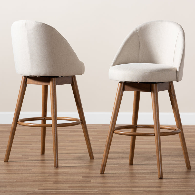 Carra Bar Stool Set Mid-Century Modern Light Beige Fabric Upholstered Walnut-Finished Wood 2-Piece