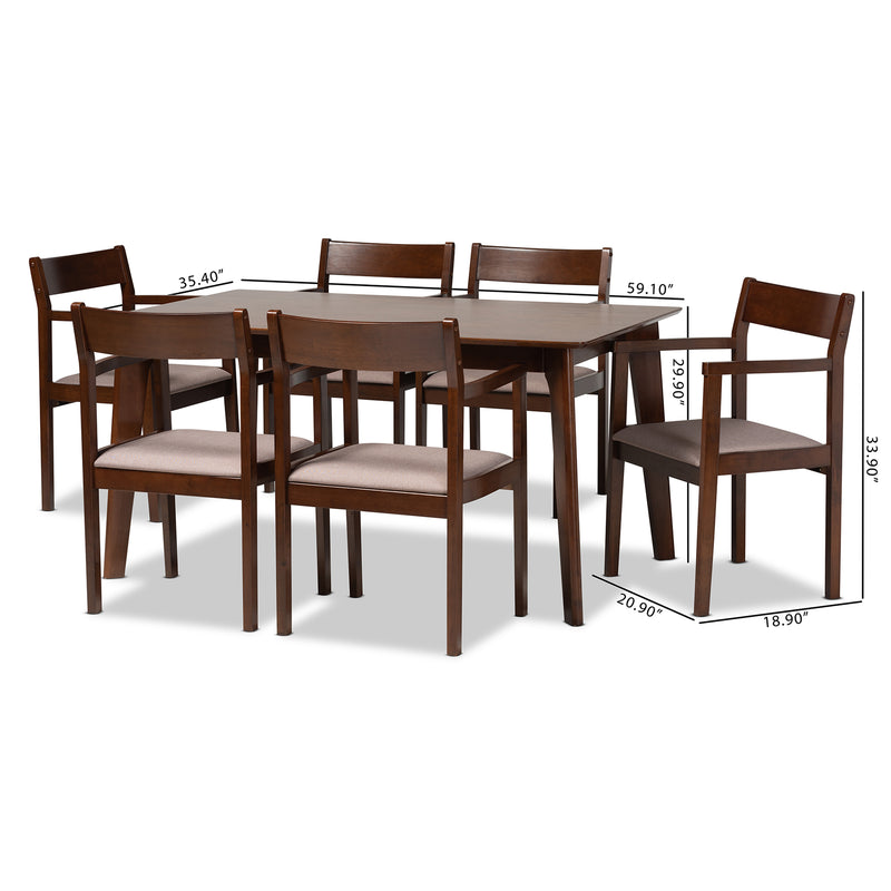 Helene Dining Set Mid-Century Modern 7-Piece Warm Grey Fabric and Dark Brown Finished Wood