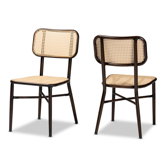 Katina Outdoor Dining Chair Set - Mid-Century Modern Design, Dark Brown Metal and Synthetic Rattan, 2-Piece Set for Patio and Garden