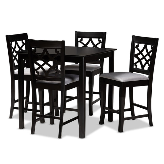 Nisa Pub Set Modern and Contemporary Grey Fabric Upholstered Espresso Brown Finished 5-Piece Wood