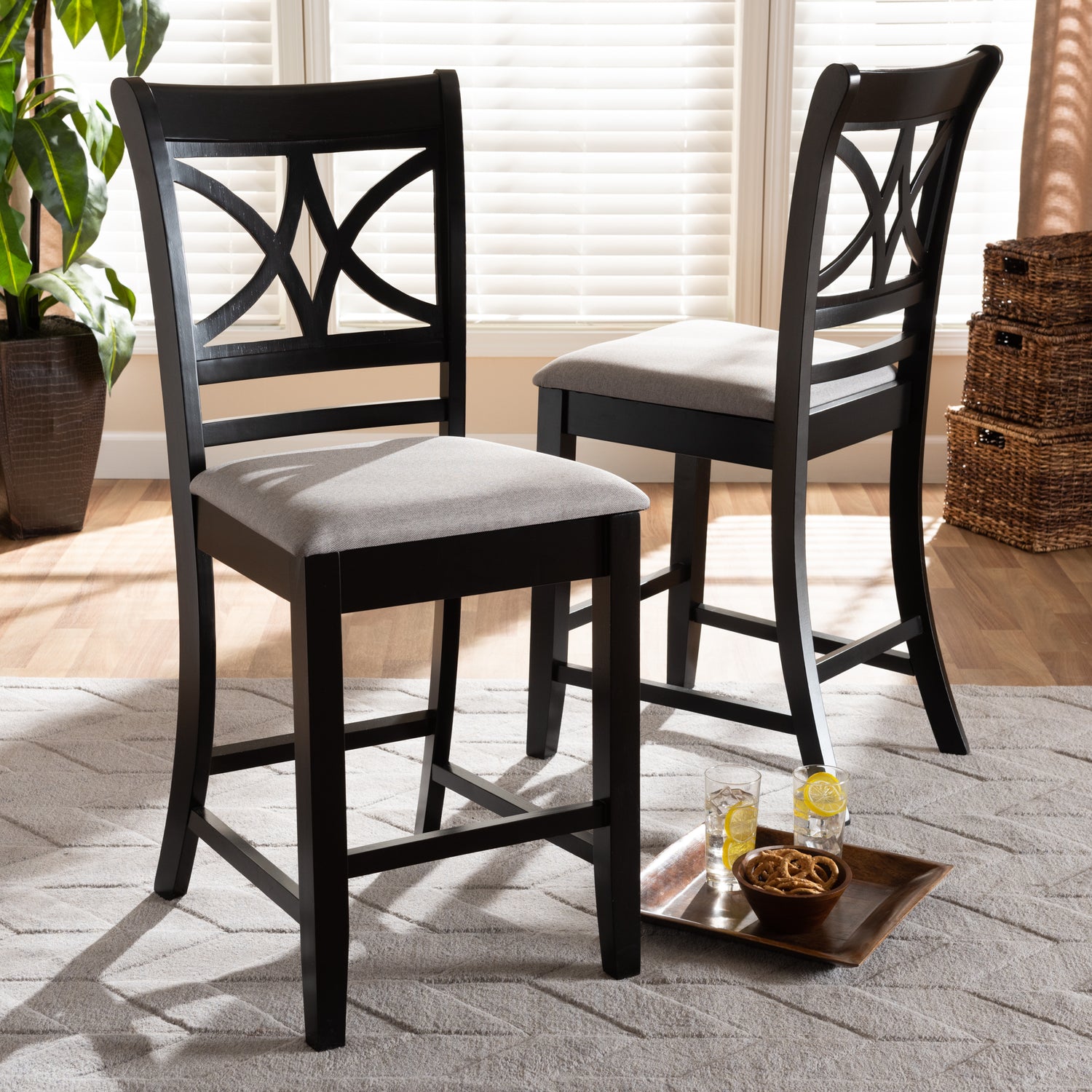 Chandler Pub Chair Set Modern and Contemporary Grey Fabric Upholstered Espresso Brown Finished Wood 2-Piece