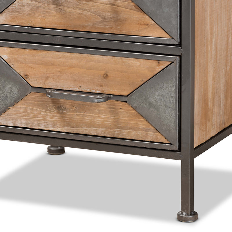 Laurel Rustic Industrial End Table with 3 Drawers in Antique Grey Metal and Whitewashed Oak Finish