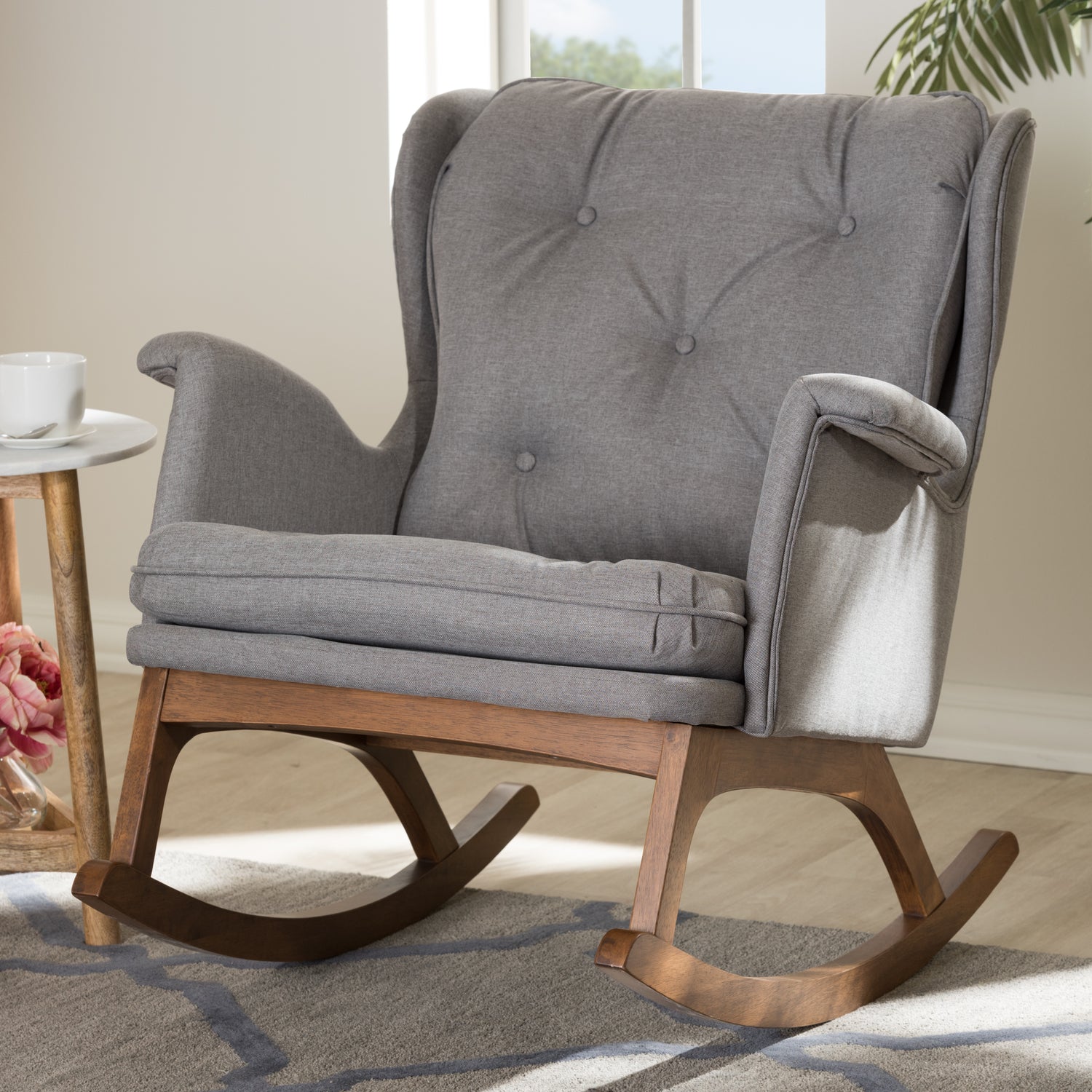 Maggie Mid-Century Modern Rocking Chair in Grey Fabric with Walnut Finish - Stylish Accent Chair for Living Room or Nursery