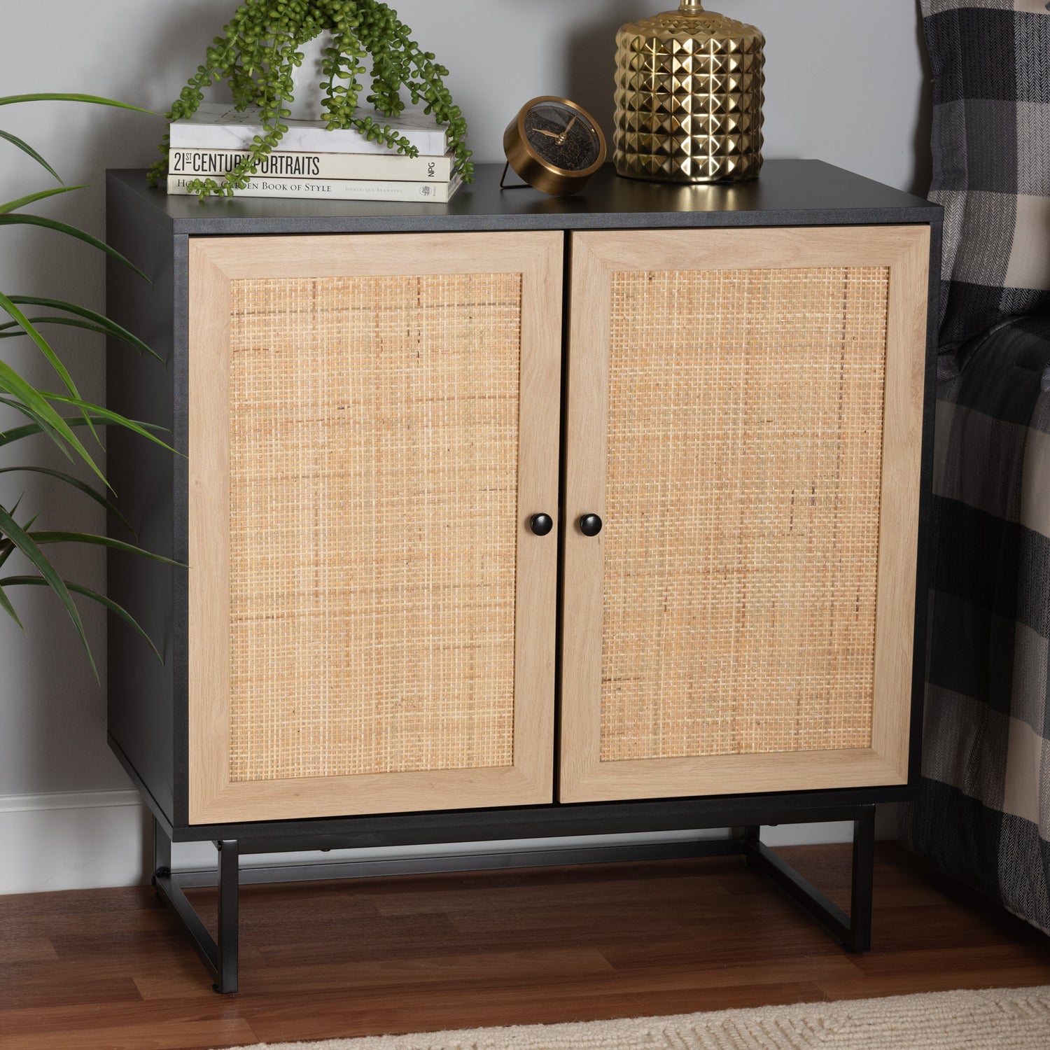 Declan Storage Cabinet Mid-Century Modern Espresso Brown Wood and Natural Rattan 2-Door Storage Solution for Stylish Home Organization