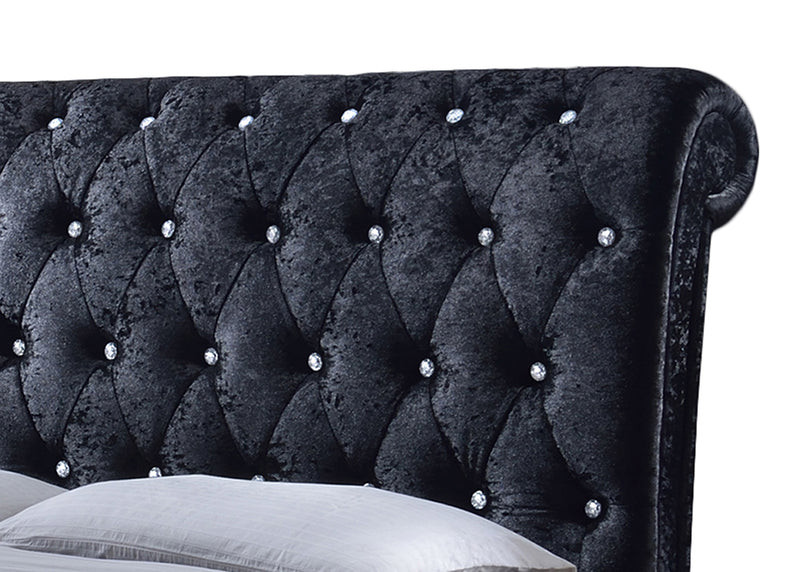 Castello Platform Bed - Black Velvet Upholstered with Faux Crystal Buttons