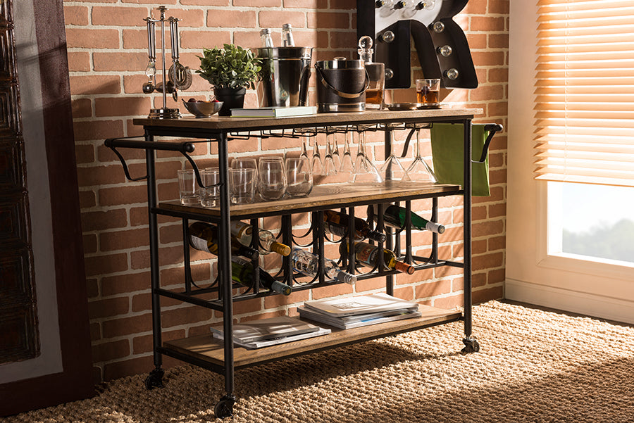 Bradford Mobile Kitchen Bar Rustic Industrial Antique Black Metal and Distressed Wood Serving Wine Cart with Wheels