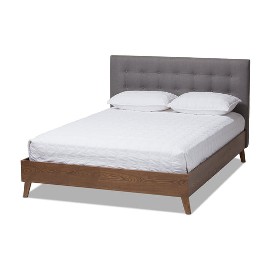 Alinia Platform Bed - Mid-century Retro Modern Grey Fabric Upholstered Walnut Wood