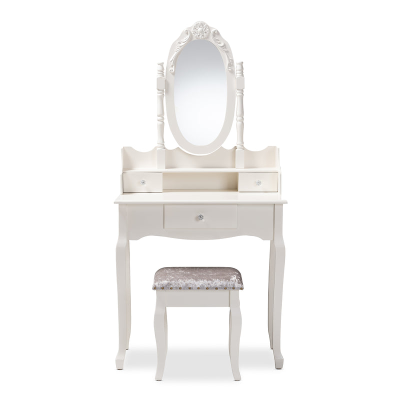 Veronique 2-Piece Vanity Set Traditional French Provincial White Wood Vanity Table with Mirror and Matching Ottoman for Elegant Bedroom Decor