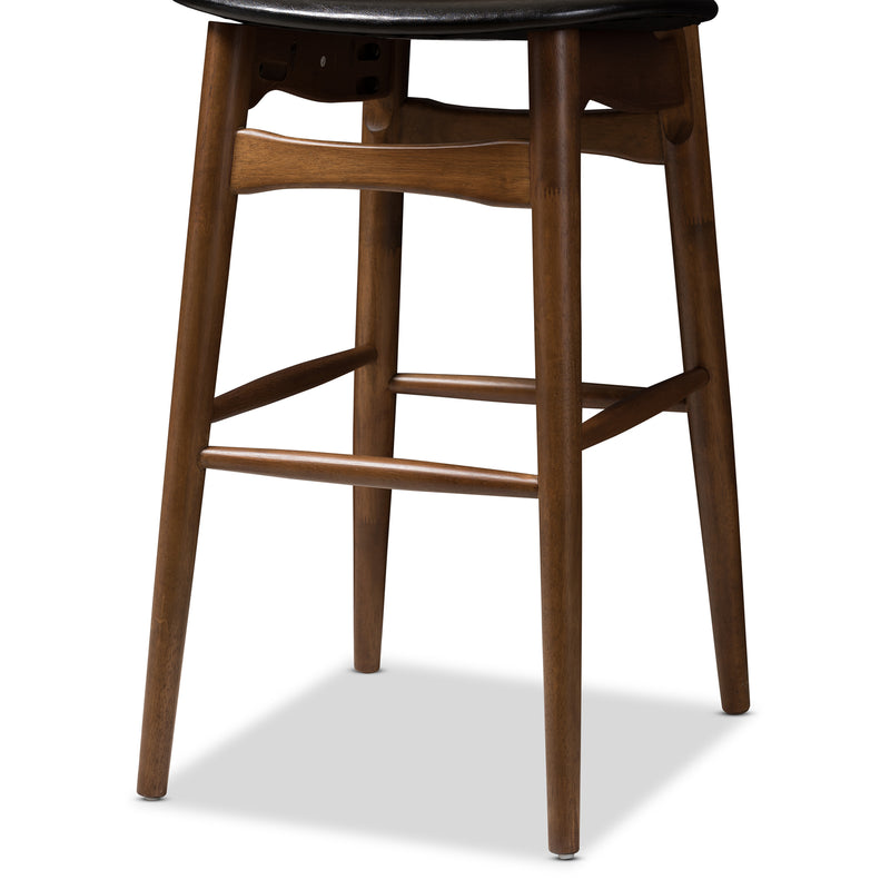 Flora Bar Stool Set of 2 Mid-Century Modern Black Faux Leather Upholstered with Walnut Finish