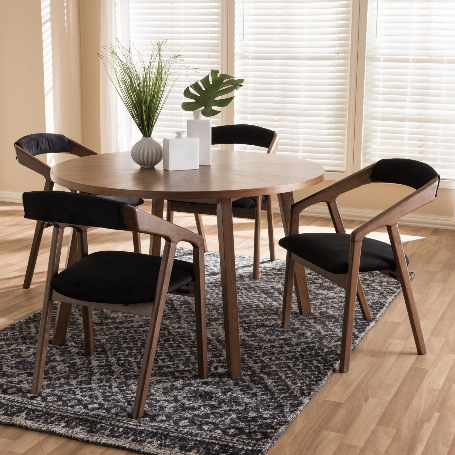 Wendy Dining Set Mid-Century Modern Design Black Fabric Upholstery Walnut Wood Finish