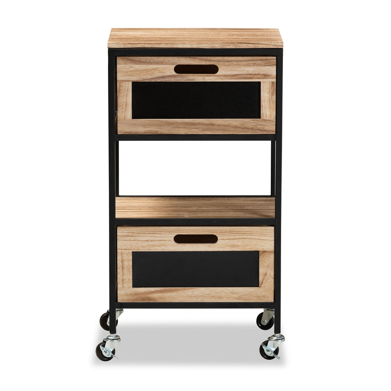 Olinda End Table Modern Industrial Design with Oak Brown Wood and Black Metal Featuring 2 Storage Drawers